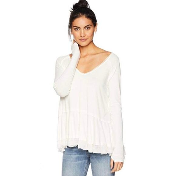 We The Free Women’s Large White Oversized Boho Blouse Long Sleeve V-Neck Top - Picture 1 of 6